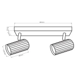 Lampa sufitowa Nicea z dwoma reflektorami GU10 w kolorze czarnym i złotym. Ułożona poziomo, z wymiarami 260 mm długości i 50 mm wysokości. Reflektory cylindryczne, z teksturowaną powierzchnią, zamocowane na prostokątnej podstawie.