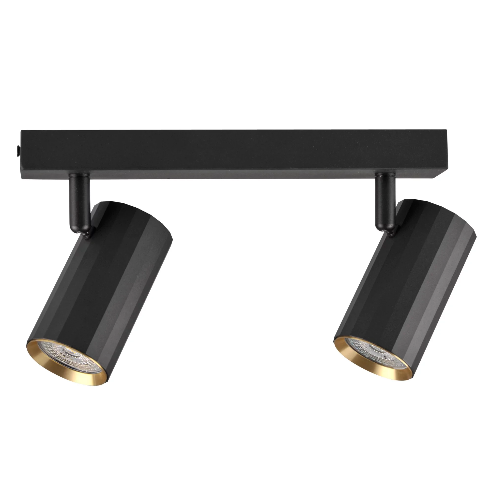 Lampa sufitowa Nicea z dwiema oprawami GU10 w kolorze czarnym z złotymi akcentami. Kształt cylindryczny, zamontowana na prostokątnej podstawie, skierowane w różnych kierunkach. Tło białe, co podkreśla elegancki design.