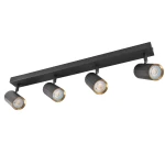 Czarna lampa sufitowa typu spot z czterema reflektorami GU10, z metalowymi złotymi detalami. Ujęcie z przodu, montowana na suficie, z lekko teksturowanymi obudowami reflektorów. Prosta konstrukcja, nowoczesny design.