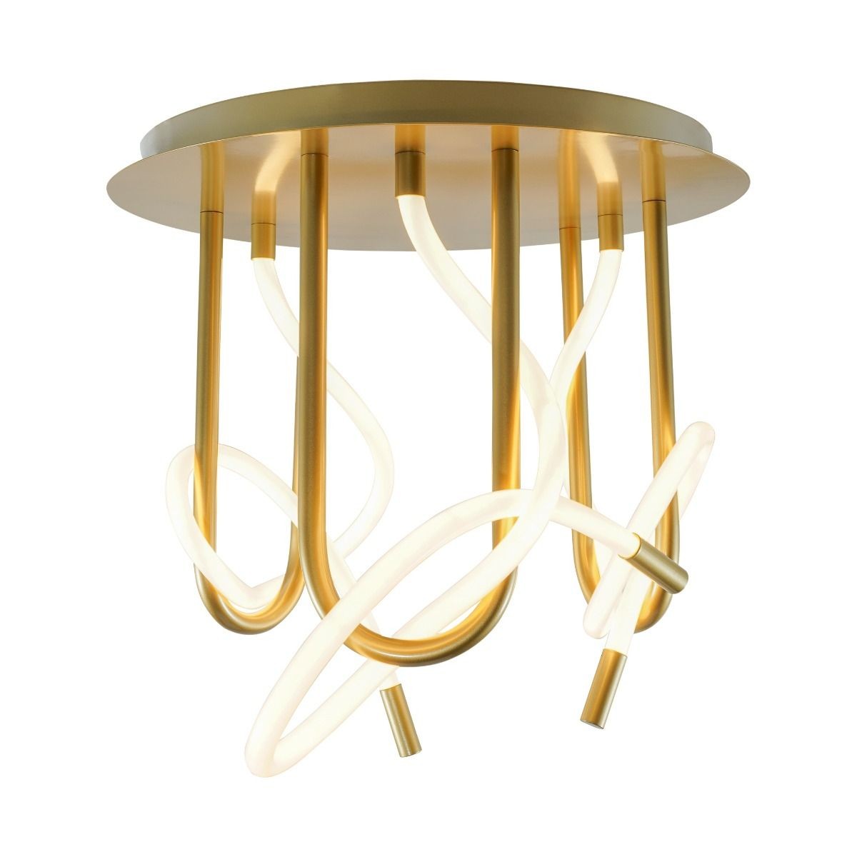 Lampa sufitowa Balbo w kolorze złotym z trzema źródłami światła LED. Posiada nowoczesny, abstrakcyjny kształt z zakrzywionymi metalowymi ramionami oraz przezroczystymi elementami, montowana na płaskim okrągłym stelażu.