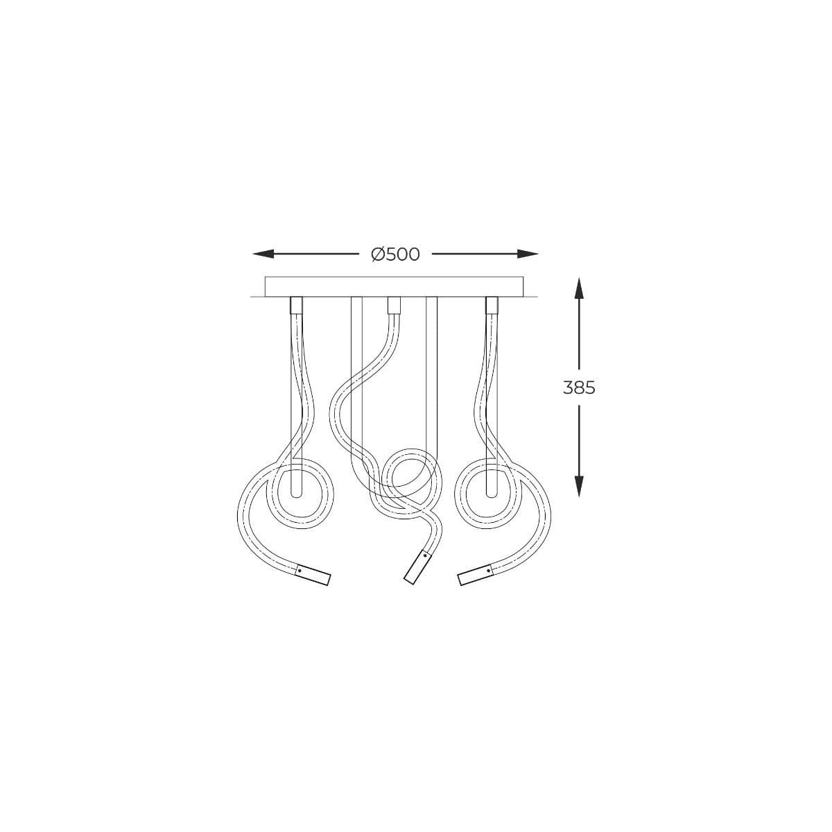Lampa sufitowa Balbo w kolorze czarnym, z trzema źródłami LED o mocy 45W. Posiada okrągły, płaski sufitowy element montażowy o średnicy 500 mm oraz trzy elastyczne przewody, każdy z pętlą. Wysokość 385 mm.