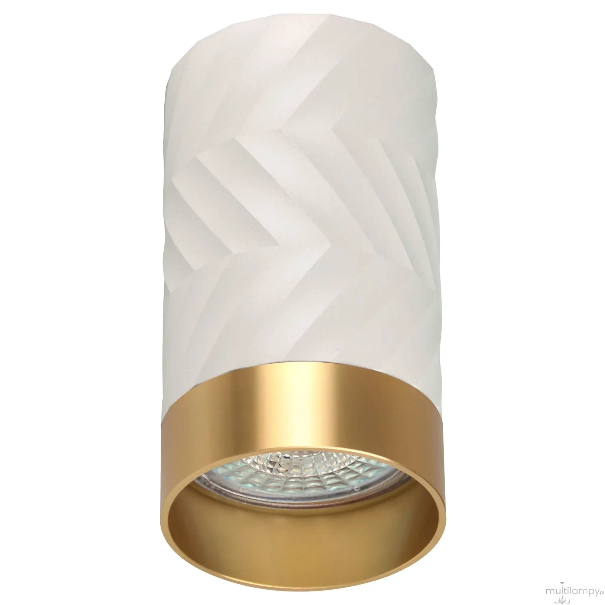 Lampa sufitowa Arras tuba 1xGU10 w kolorze białym z złotym wykończeniem. Owalna, z dekoracyjnym wzorem w reliefie. Ujęcie z dołu, z widoczną żarówką i metalowym obrzeżem. Idealna do nowoczesnych wnętrz.