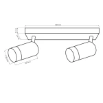 Lampa sufitowa Arras w kolorze czarnym i złotym, z dwoma spotami, z zamocowaną prostokątną podstawą. Wymiary: 260 mm szerokości, 50 mm wysokości. Reflektory są regulowane, każdy o średnicy 55 mm, umieszczone w odległości 100 mm od siebie.
