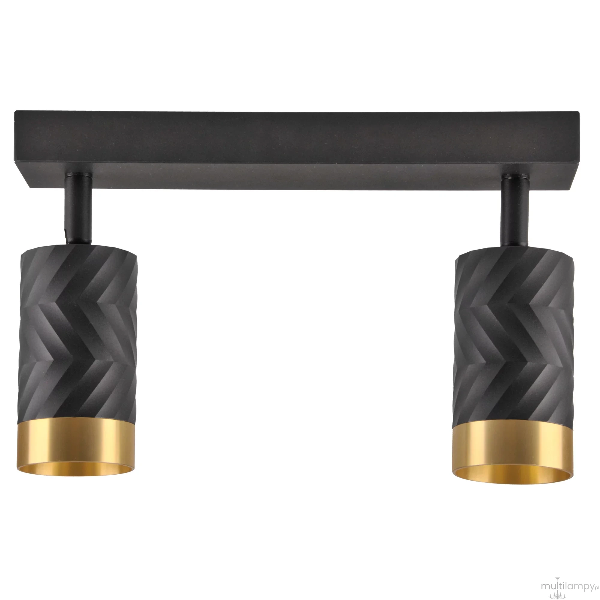 Lampa sufitowa Arras w kolorze czarnym i złotym, z dwoma cylindrycznymi kloszami o fakturze w jodełkę. Elementy metalowe w kolorze czarnym, zamontowane na prostokątnej podstawie. Klosze z otwartym dnem, przeznaczone na żarówki GU10.