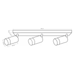Lampa sufitowa Arras w kolorze czarnym i złotym, z trzema reflektorami GU10. Ujęcie z boku, pokazujące prostokątną podstawę o wymiarach 390 mm x 25 mm oraz trzy cylindryczne lampy o średnicy 100 mm, skierowane w różnych kierunkach.