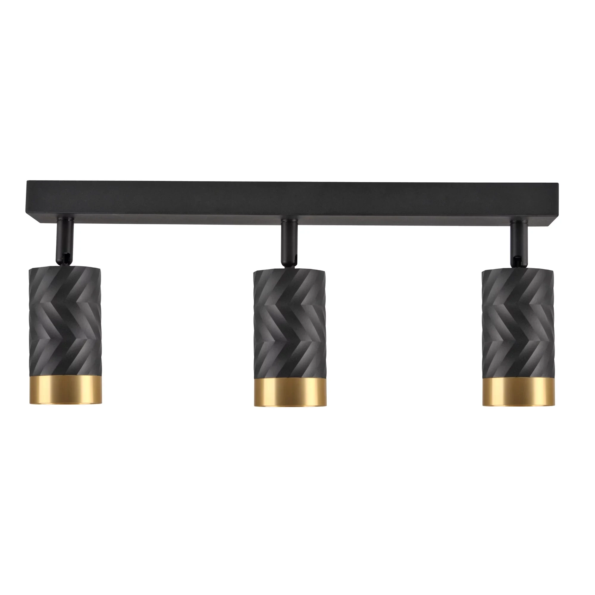 Lampa sufitowa Arras z trzema reflektorami w kolorze czarnym i złotym. Cylindryczne klosze mają teksturowaną powierzchnię z wzorem w zygzak, zamocowane na prostokątnym, czarnym stelażu. Idealna do oświetlenia wnętrz.