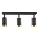 Lampa sufitowa Arras z trzema reflektorami w kolorze czarnym i złotym. Cylindryczne klosze mają teksturowaną powierzchnię z wzorem w zygzak, zamocowane na prostokątnym, czarnym stelażu. Idealna do oświetlenia wnętrz.