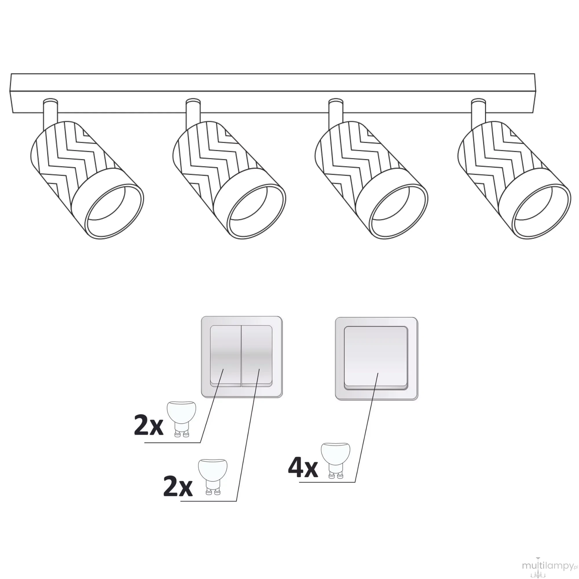 Lampa sufitowa Arras w kolorze czarnym i złotym, z czterema spotami GU10. Ułożona poziomo z wzorzystymi kloszami w zygzak. Posiada dwa przyciski do włączania. Idealna do nowoczesnych wnętrz.