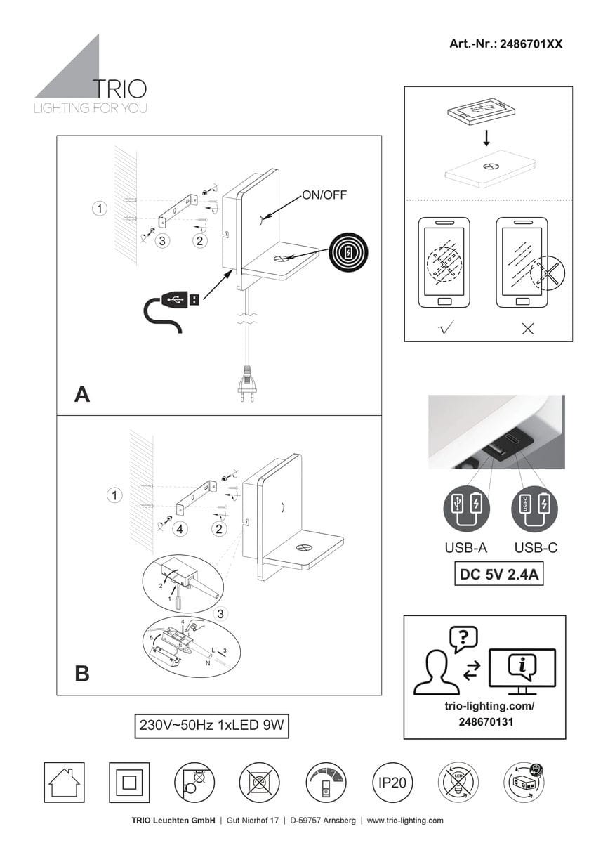 Kinkiet Fairfield w kolorze czarnym z portem USB-C, jedną diodą LED o mocy 9W. Produkt zamontowany na ścianie, z włącznikiem na obudowie. Prosta, nowoczesna forma, idealny do oświetlenia wnętrza. Wymiary i szczegóły montażowe widoczne w instrukcji.