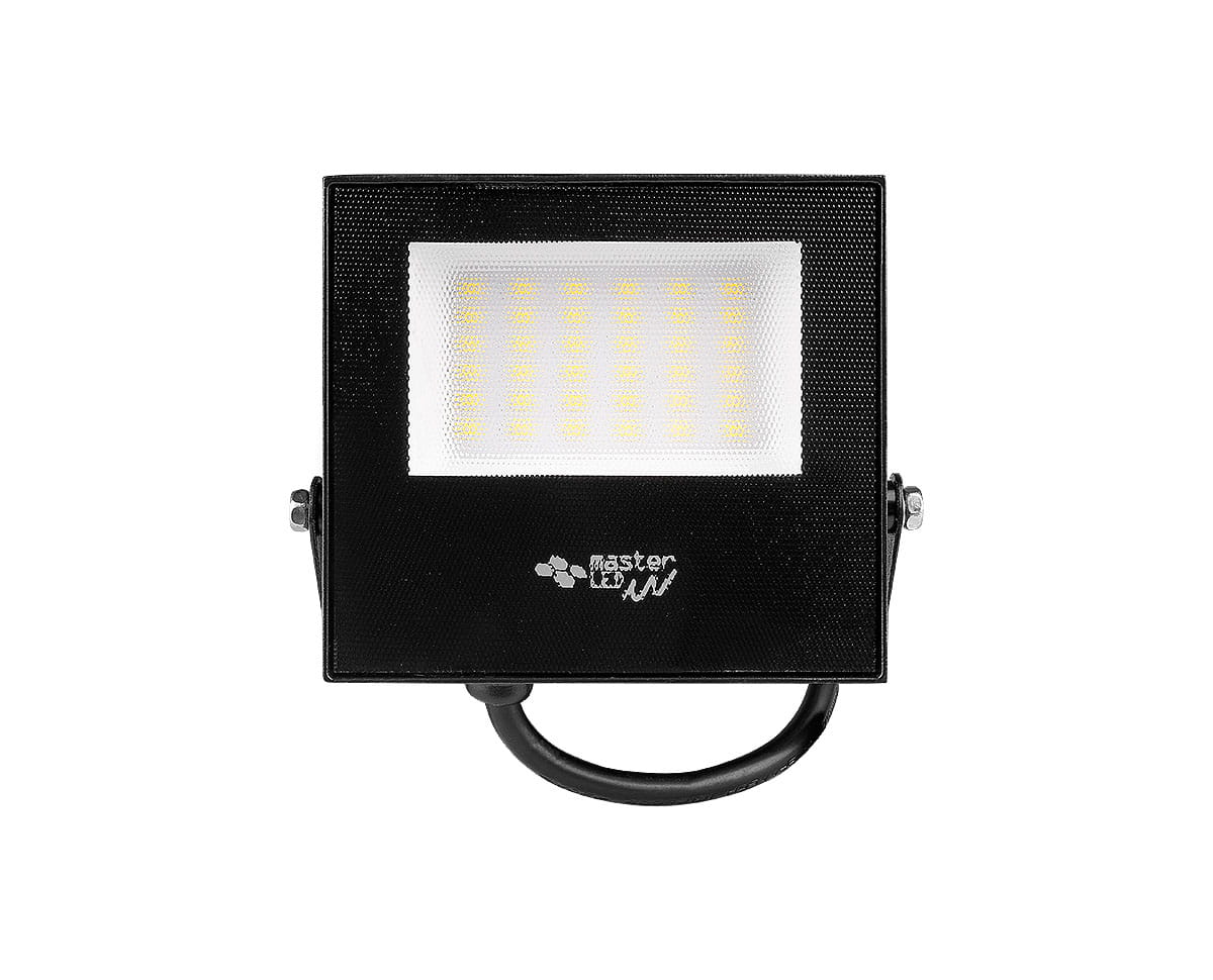 Naświetlacz LED halogen 20W z mocą 1600lm, w kolorze czarnym, o prostokątnym kształcie. Wyposażony w 24 diody LED, z białym neutralnym światłem. Oznaczenie IP65 wskazuje na odporność na wilgoć. Uchwyt do montażu na tylnej stronie.