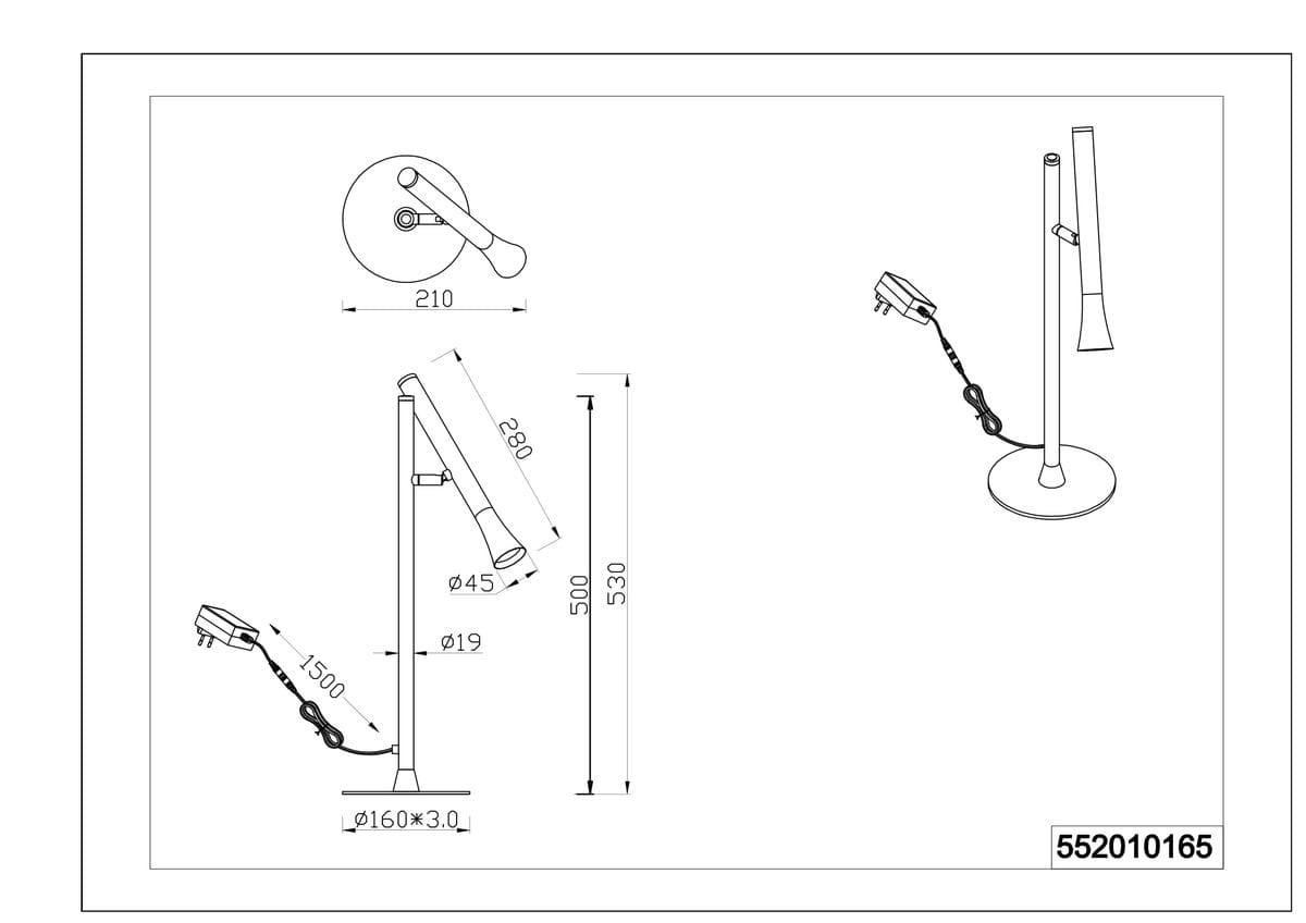 Lampa stołowa Fiato z jedną diodą LED 3W, w kolorze czarnym i złotym. Osłona w kształcie wydłużonego stożka, na cienkiej, metalowej nodze. Podstawa okrągła, z widocznym kablem zasilającym. Wysokość 530 mm, średnica podstawy 160 mm.