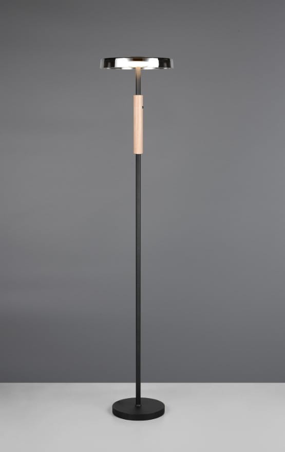 Lampa podłogowa Celeste z jedną diodą LED 15W w kolorze kawowym i białym. Stojąca konstrukcja z metalowym, czarnym stelażem i drewnianym uchwytem. Klasyczny, minimalistyczny design, idealna do nowoczesnych wnętrz.