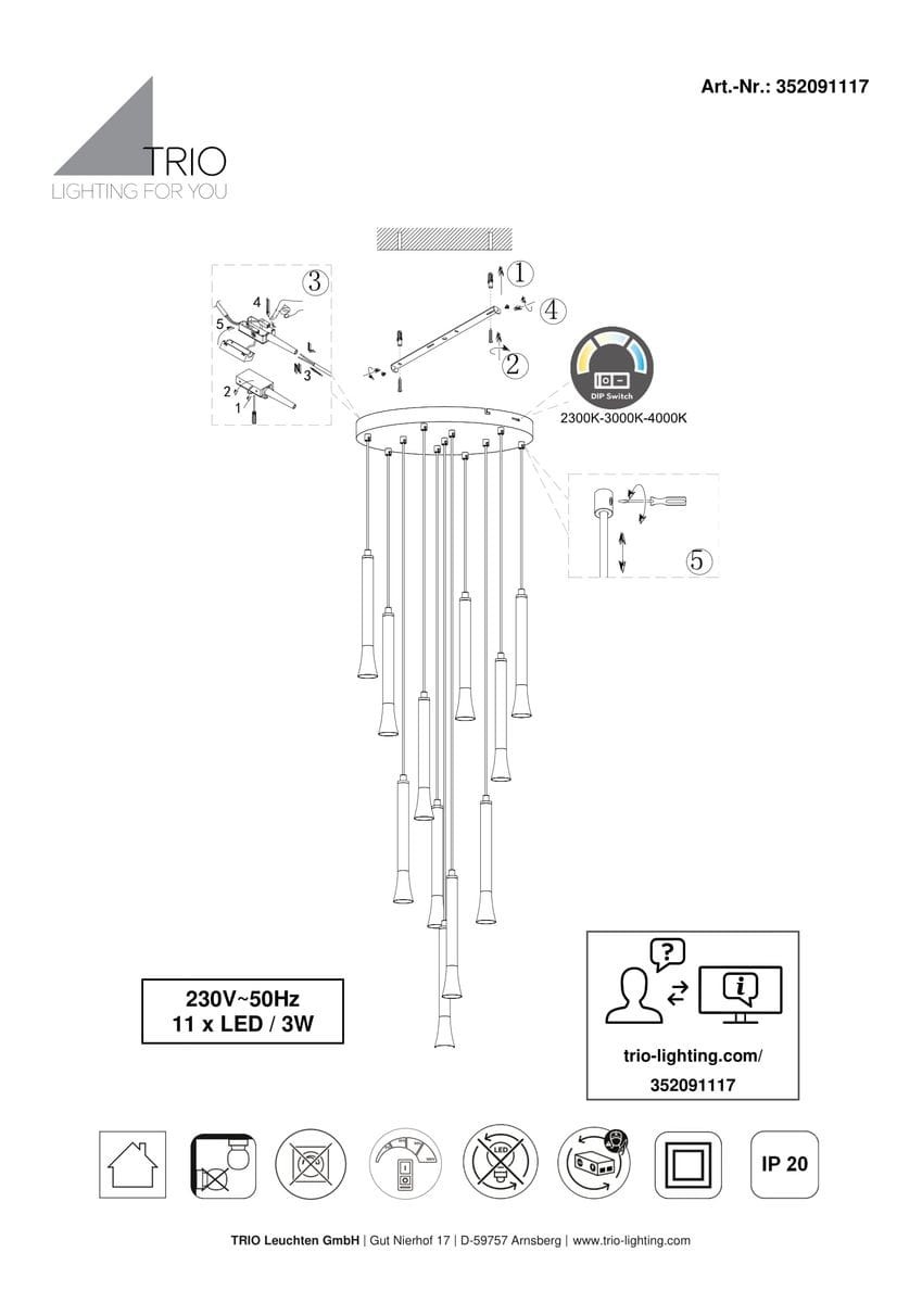 Lampa wisząca Fiato z 11 żarówkami LED o mocy 33W, w kolorze czarnym z multikolorowym oświetleniem. Ujęcie z boku, prezentujące długie, cylindryczne klosze zawieszone na cienkich przewodach, montowana do sufitu.