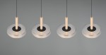 Lampa wisząca Celeste w kolorze czarnym i chromowanym, z czterema źródłami LED. Posiada przezroczyste klosze z okrągłymi podstawami oraz drewniane uchwyty. Zawieszona na cienkich, czarnych linkach, w nowoczesnym, minimalistycznym stylu.