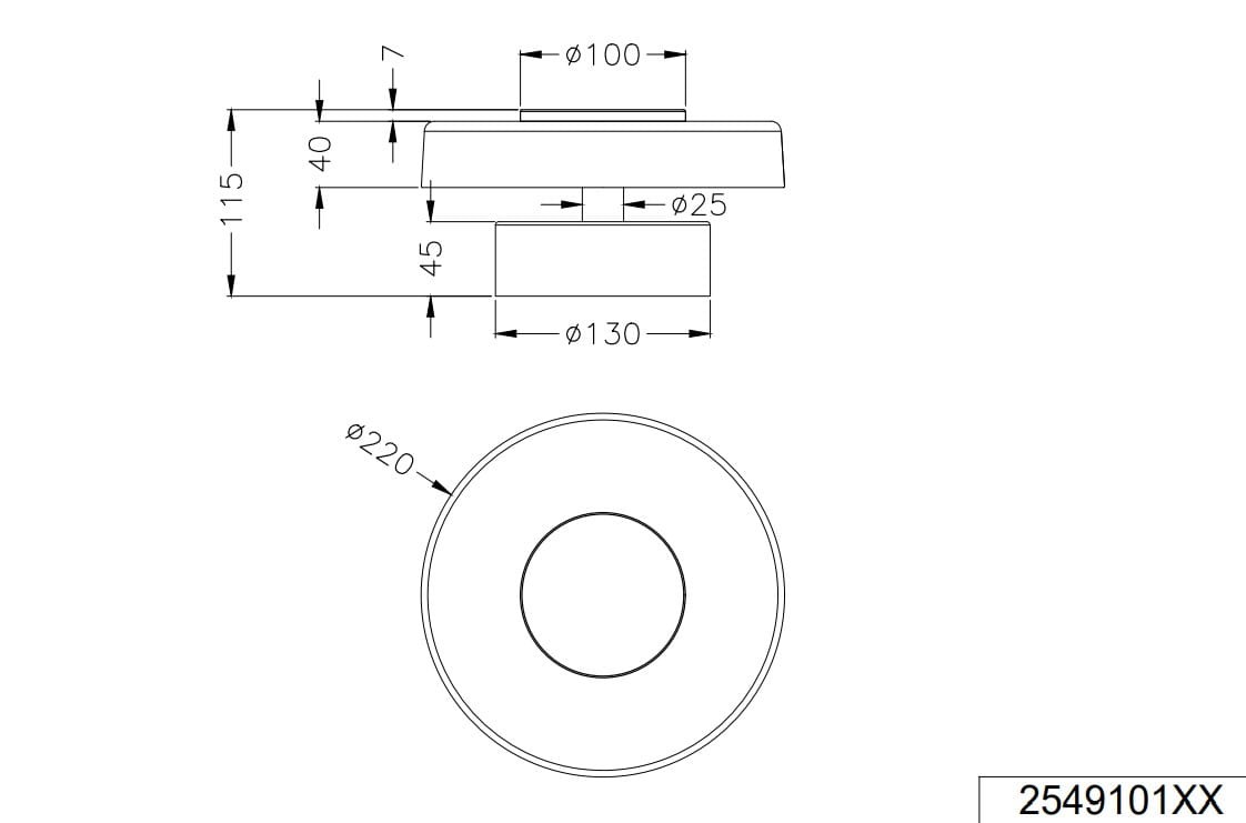 Plafon Celeste 1xLED/10W w kolorze czarnym z chromowanymi detalami. Okrągły kształt z średnicą 220 mm, z zamontowanym źródłem światła. Ujęcie z boku i z góry, ukazuje wymiary oraz szczegóły konstrukcyjne.