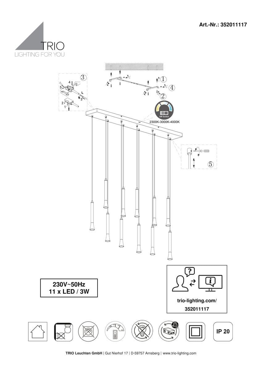 Lampa wisząca Fiato z 11 diodami LED o mocy 33W, w kolorze czarnym z multikolorowym światłem. Posiada smukłą, prostokątną podstawę z wiszącymi kloszami. Umożliwia regulację temperatury barwowej światła (2300K-4000K).