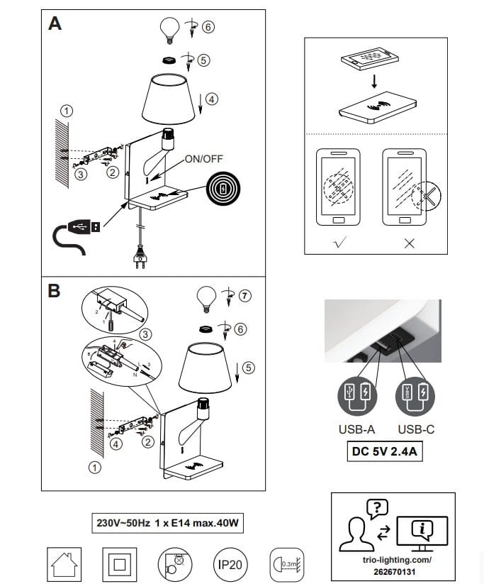 Kinkiet Comfort w kolorze białym, z pojedynczym gniazdem E14, wyposażony w port USB-C. Ujęcie frontalne, pokazujące włącznik ON/OFF. Elementy montażowe oraz instrukcje użytkowania widoczne na ilustracji.