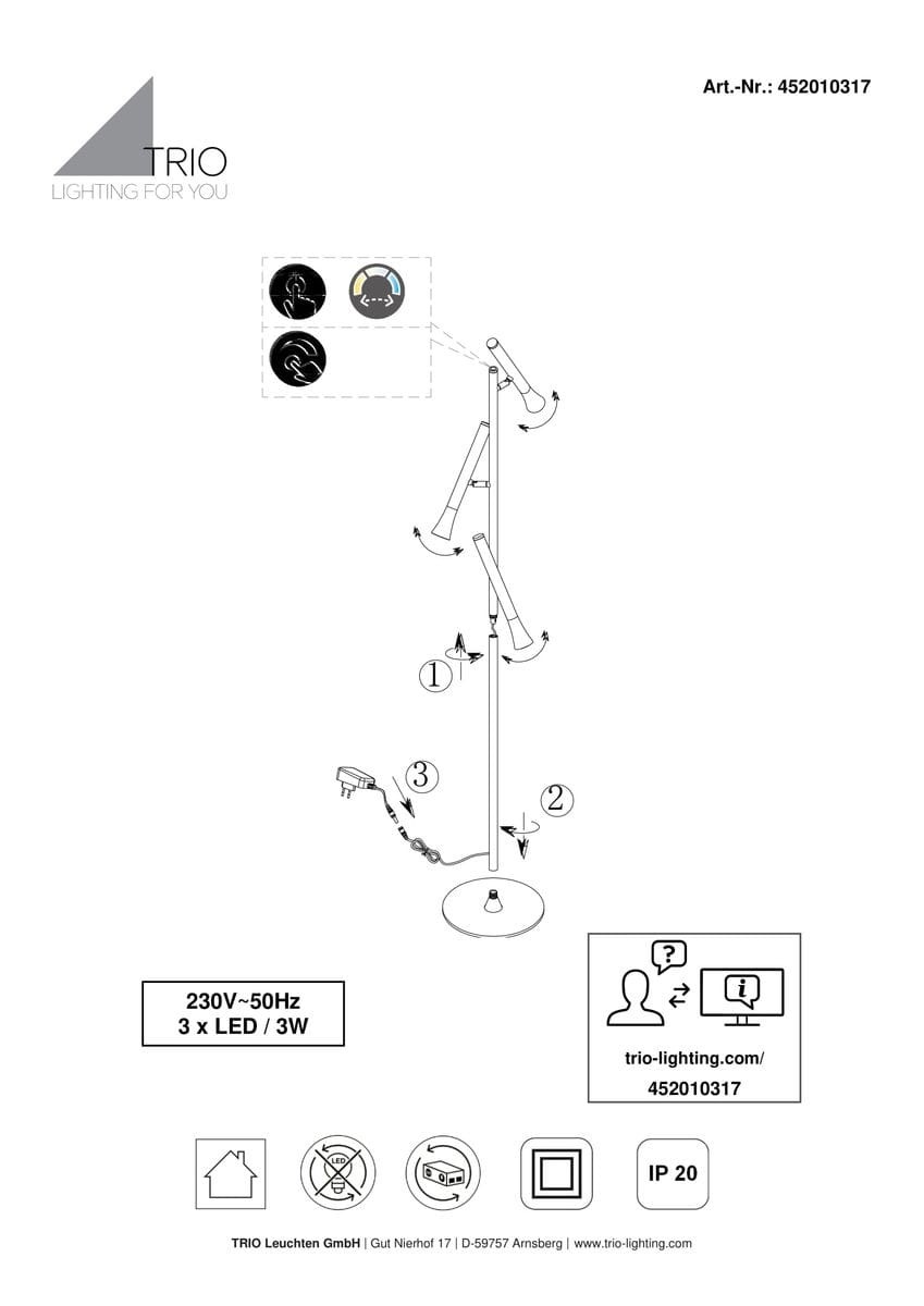 Lampa podłogowa Fiato w kolorze czarnym z trzema głowicami LED (9W) o regulowanym kolorze światła. Wysoka, smukła konstrukcja z okrągłą podstawą, idealna do nowoczesnych wnętrz. Widoczne elementy sterujące do regulacji intensywności i koloru światła.