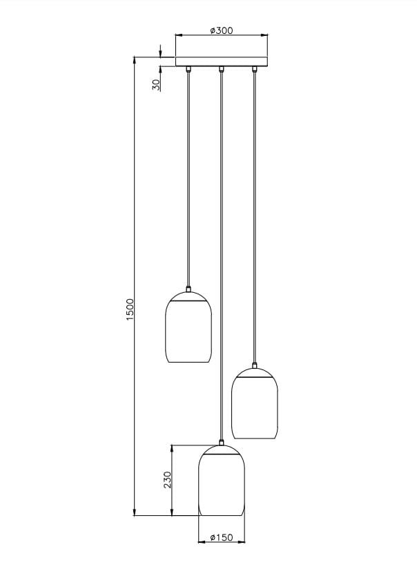 Cork lampa wisząca z trzema kloszami w kształcie stożka, czarna z multikolorowymi akcentami. Posiada mocowanie sufitowe o średnicy 30 cm. Długość zwisu wynosi 150 cm, a średnica kloszy to 15 cm. Idealna do nowoczesnych wnętrz.