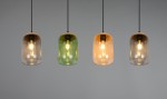 Lampa wisząca Cork w kolorze czarnym z czterema kloszami w różnych kolorach: przezroczystym, zielonym, pomarańczowym i szarym. Klosze mają okrągły kształt, a każdy z nich zawiera żarówkę E27. Produkt zawieszony na cienkich, czarnych linkach.