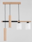 Lampa wisząca Nimir z drewnianym stelażem, wyposażona w dwa klosze z matowego szkła. Elementy w naturalnym kolorze drewna, czarne akcenty. Ułożona w poziomie, zawieszona na dwóch czarnych linkach. Idealna do nowoczesnych wnętrz.