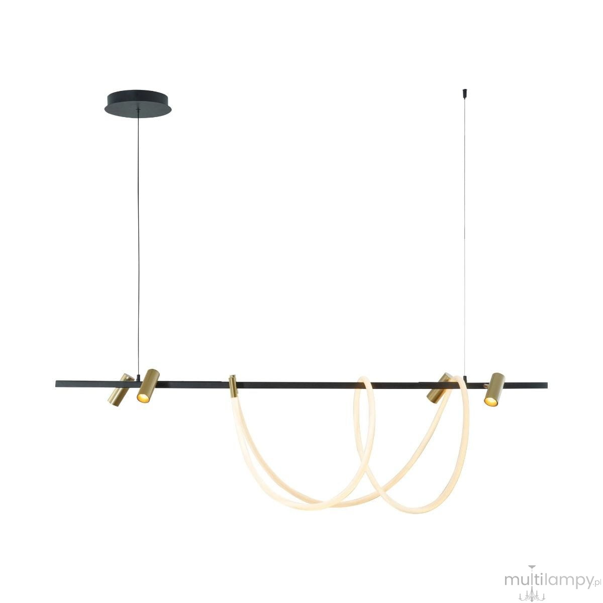 Lampa wisząca LED Balbo, czarna z elementami złotymi. Posiada poziomą stalową konstrukcję z dwoma źródłami światła oraz elastycznymi, przezroczystymi elementami, które tworzą ciekawą formę. Zawieszona na cienkim przewodzie.