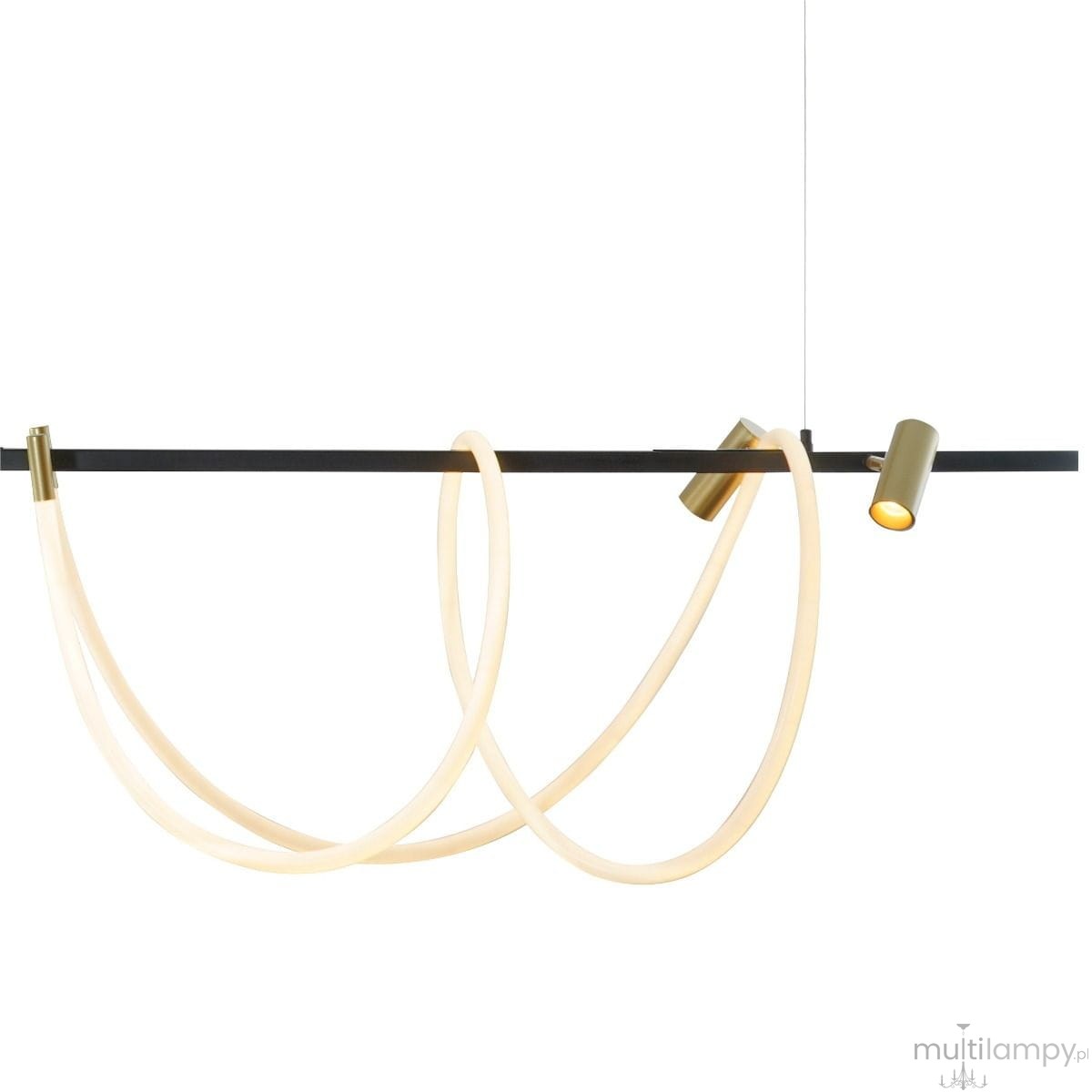 Lampa wisząca LED Balbo o mocy 45W i 30W, w kolorze czarnym i złotym. Posiada elastyczne, jasne przewody oraz metalowe detale w złotym odcieniu. Ujęcie z przodu, wisząca konstrukcja.