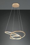 Lampa wisząca Darvin z jednym źródłem światła LED o mocy 34W w kolorze złotym. Składa się z dwóch okręgów zawieszonych na cienkich linkach, montowana do sufitu, w nowoczesnym stylu. Tło ciemnoszare.