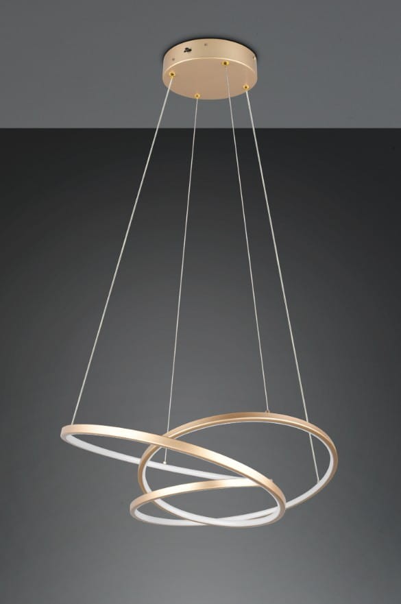 Lampa wisząca Darvin z jednym źródłem LED o mocy 34W, w złotym kolorze. Składa się z dwóch okrągłych pierścieni, zawieszonych na cienkich żyłkach, wykończona w nowoczesnym stylu, montowana na suficie.