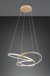 Lampa wisząca Darvin z jednym źródłem LED o mocy 34W, w złotym kolorze. Składa się z dwóch okrągłych pierścieni, zawieszonych na cienkich żyłkach, wykończona w nowoczesnym stylu, montowana na suficie.