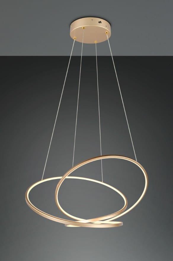 Lampa wisząca Darvin w kolorze złotym, składająca się z dwóch okręgów LED o nowoczesnym designie. Zawieszona na cienkich linkach, z okrągłą podsufitką. Idealna do nowoczesnych wnętrz.