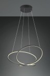 Lampa wisząca Darvin w kolorze czarnym, z dwoma okręgami LED w kształcie pierścienia. Zawieszona na cienkich linkach, o nowoczesnym designie, idealna do oświetlenia wnętrz. Ujęcie frontalne na tle szarym.