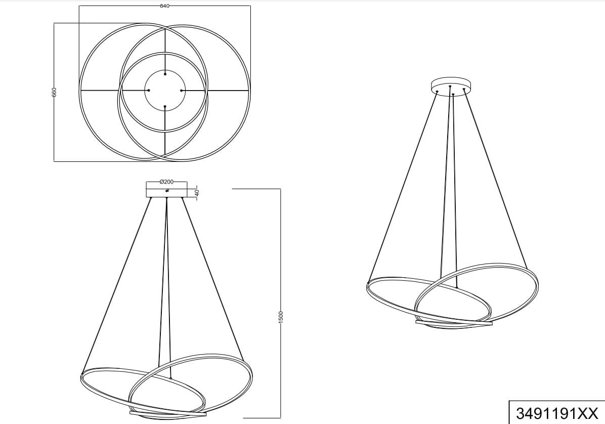 Lampa wisząca Darvin z jedną diodą LED o mocy 52W w białym kolorze. Zawieszona na trzech kablach, o nowoczesnym designie z dwoma okrągłymi pierścieniami. Wymiary: średnica 840 mm, wysokość 1500 mm, montowana sufitowo.