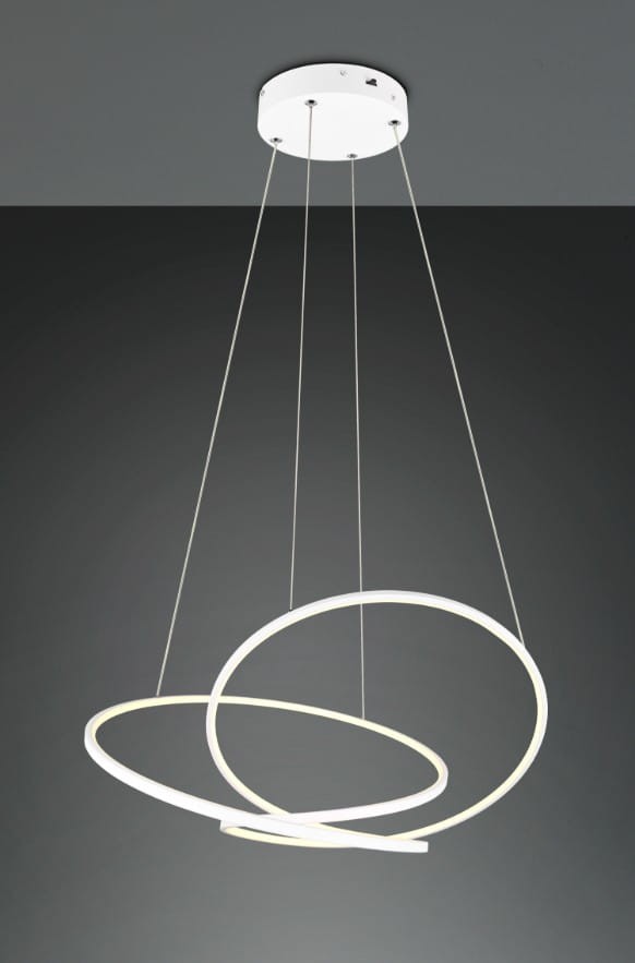 Lampa wisząca Darvin z białymi, okrągłymi elementami LED. Posiada dwa przeplatające się pierścienie, zawieszone na cienkich linkach. Montaż sufitowy, minimalistyczny design, idealna do nowoczesnych wnętrz.