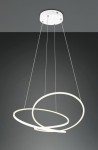 Lampa wisząca Darvin z białymi, okrągłymi elementami LED. Posiada dwa przeplatające się pierścienie, zawieszone na cienkich linkach. Montaż sufitowy, minimalistyczny design, idealna do nowoczesnych wnętrz.