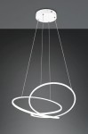 Lampa wisząca Darvin z jedną diodą LED, o mocy 52W, w kolorze białym. Składa się z trzech okręgów w różnej średnicy, zawieszonych na cienkich linkach, montowana do sufitu. Tło ciemne, podkreślające nowoczesny design.