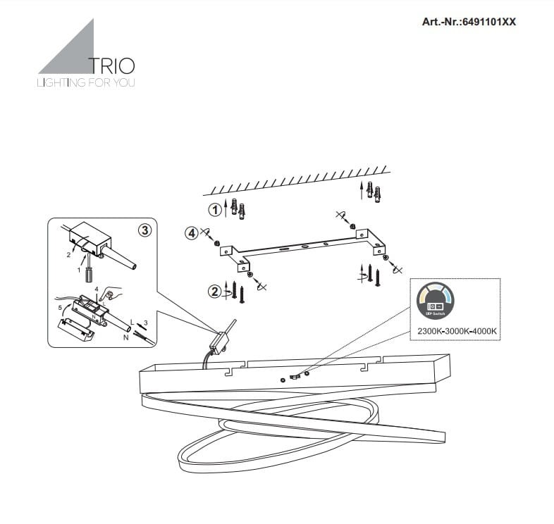 Złota lampa sufitowa Darvin z jednolitym kształtem, z jednym źródłem LED o mocy 34W. W zestawie widoczna instrukcja montażu. Możliwość regulacji temperatury barwowej w zakresie 2300K-4000K.