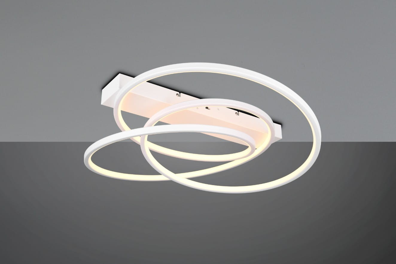 Lampa sufitowa Darvin z białą obudową, składająca się z dwóch okrągłych pierścieni LED. Ujęcie frontalne, ukazujące oświetlenie oraz nowoczesny design. Produkt mocowany do sufitu.