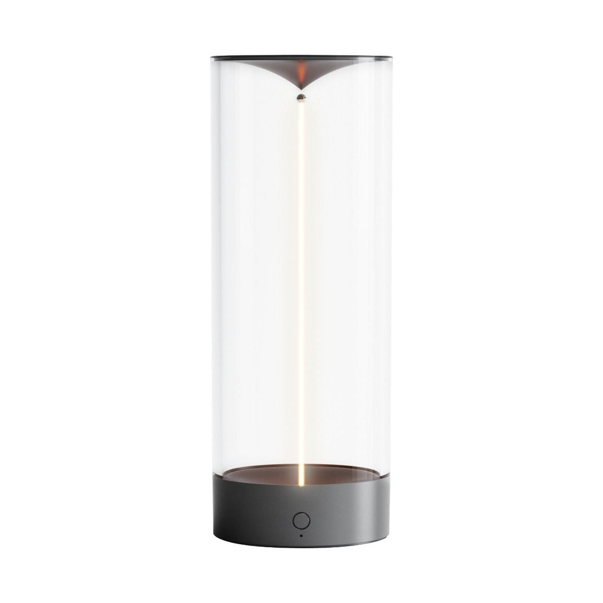 Lampa stołowa Esterno w kolorze szarym z przezroczystym kloszem. Wyposażona w 1xLED o mocy 1,2W, z funkcją IP44. Produkt stoi na okrągłej podstawie z przyciskiem włączania, ukazujący minimalistyczny design.