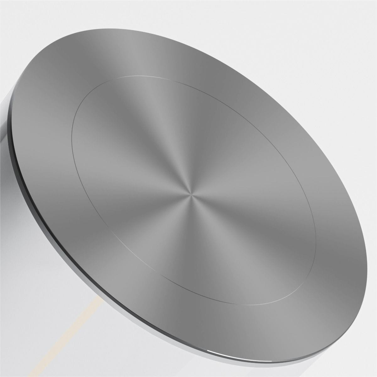 Szara lampa stołowa Esterno z LED o mocy 1,2W, z okrągłym, metalicznym kloszem. Widok z góry ukazuje gładką, połyskującą powierzchnię z centralnym wgłębieniem. Lampa charakteryzuje się stopniem ochrony IP44, przeznaczona do użytku na zewnątrz.