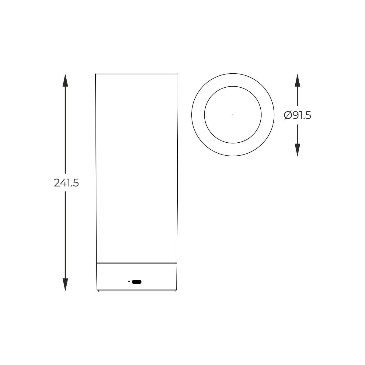 Szara lampa stołowa Esterno, wysokość 241,5 mm, średnica podstawy 91,5 mm, z jedną diodą LED o mocy 1,2W, stopień ochrony IP44, prostokątna forma z okrągłym kloszem, umieszczona w pozycji stojącej.