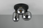 Lampa sufitowa Diva z trzema kloszami E27 w kolorze czarnym i chromowanym. Klosze o zaokrąglonym kształcie z ciemnego szkła, zamocowane do okrągłej podstawy. Lampa montowana sufitowo, widoczna elegancka złota dekoracja przy mocowaniach.