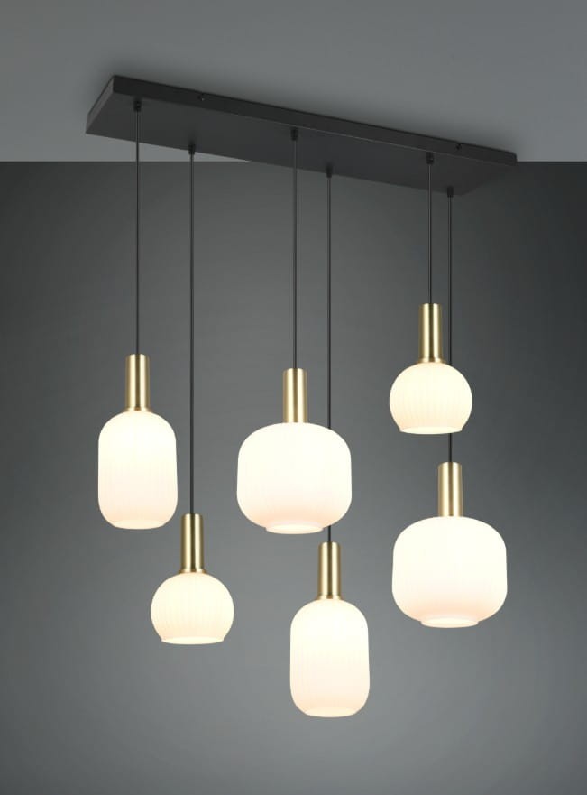 Lampa wisząca Diva w kolorze czarnym i białym, z sześcioma kloszami w różnych kształtach. Klosze mają złote mocowania i są zawieszone na cienkich linkach, tworząc nowoczesną kompozycję. Idealna do aranżacji wnętrz.