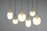 Lampa wisząca Diva z sześcioma oprawami E27 w kolorze czarnym i białym. Klosze mają okrągły kształt z teksturowaną powierzchnią, zawieszone na cienkich czarnych kablach. Metalowe elementy w kolorze złotym, nadają elegancki akcent.