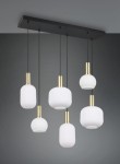 Lampa wisząca Diva z sześcioma kloszami w kolorze białym i złotymi detalami, zawieszona na czarnej podstawie. Klosze mają różne kształty: cylindryczny i zaokrąglony, z fakturą. Ujęcie frontalne, na jednolitym tle.