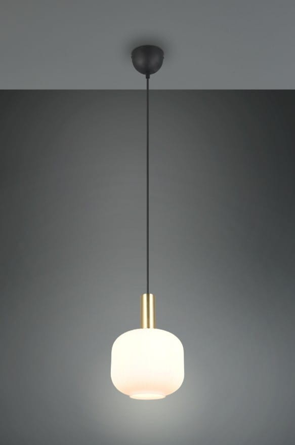 Lampa wisząca Diva 1xE27 w kolorze czarnym i białym, o okrągłej, matowej kloszowej formie, z metalowym, złotym trzonkiem. Zawieszona na cienkim, czarnym przewodzie, na jednolitym, szarym tle.