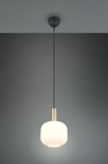 Lampa wisząca Diva 1xE27 w kolorze czarnym i białym, o okrągłej, matowej kloszowej formie, z metalowym, złotym trzonkiem. Zawieszona na cienkim, czarnym przewodzie, na jednolitym, szarym tle.