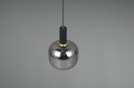 Lampa wisząca Diva z jednym źródłem E27, o kształcie okrągłym. Posiada chromowaną, błyszczącą obudowę oraz czarny uchwyt. Złoty detal wokół gniazda. Zawieszona na cienkim kablu, na szarym tle. Idealna do nowoczesnych wnętrz.