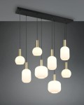 Lampa wisząca Diva z ośmioma źródłami światła E27. Klasyczna, czarna podsufitka z wiszącymi, białymi kloszami o różnych kształtach i złotych detalach. Wisi na cienkich linkach, idealna do nowoczesnych wnętrz.