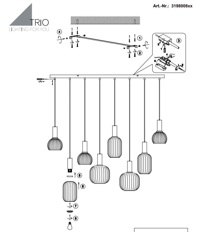 Lampa wisząca Diva z 8 źródłami E27, czarna z chromowanymi detalami. Posiada osiem kloszy w kształcie cylindrów, zawieszonych na cienkich linkach. Montaż sufitowy z prostokątną podstawą, idealna do nowoczesnych wnętrz.